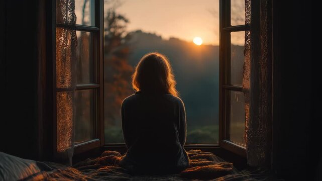 Person sits on bed by window and watches the sun rise over hills in early morning light with trees in background