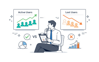 Customer Retention Analysis. Customer retention analysis. Professional comparing active and lost users with clean charts, thoughtful and analytical mood.