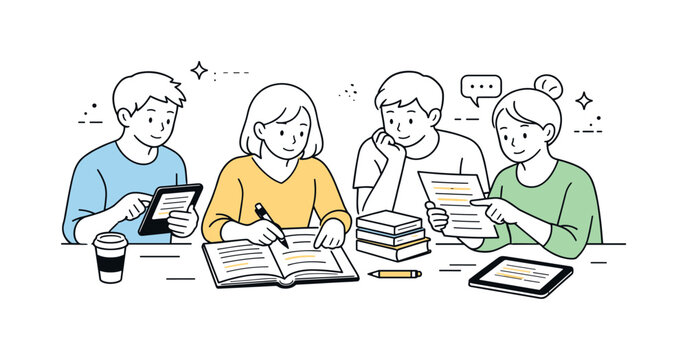 Modern Study Session. Library study group research. Group analyzing printed materials and tablets with highlighted passages, focused research and careful