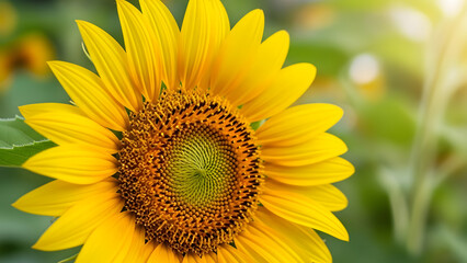 Obraz premium A bright yellow sunflower with a detailed seed head stands prominently in a sunny outdoor garden, bathed in warm sunlight.