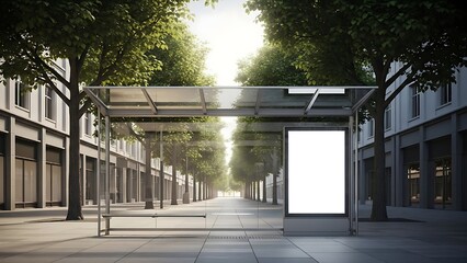 Bathed in natural light, an empty billboard at a bus stop Sleek urban bus stop shelter with blank ad panel on a tree-lined street,