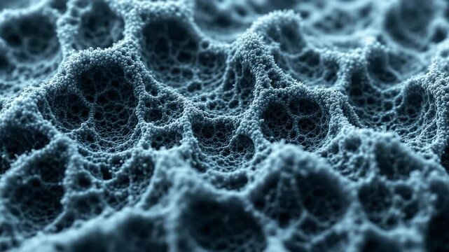 Abstract microscopic surface revealing intricate interconnected network texture in cool blue tones for cellular biology concept and technological research background