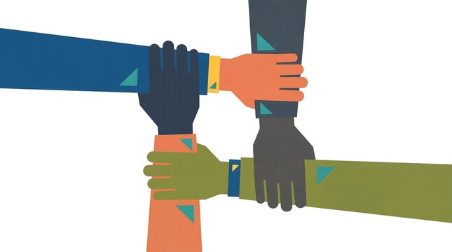 Diverse Stylized Hands Interlocked in a Collaborative Square Formation, Symbolizing Teamwork, Unity, and Partnership in an Abstract Flat Illustration