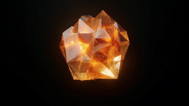 Abstract glowing golden geometric crystal slowly rotating in dark space for futuristic technology concept and digital innovation