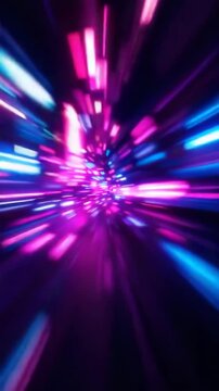Vibrant neon light streaks creating a fast-moving tunnel for digital data transfer concept and futuristic technology background