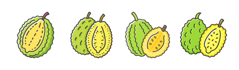 Hand-drawn jackfruit with green rind, whole and sliced, isolated on white.