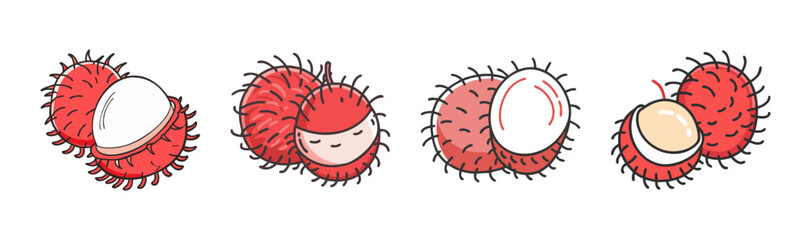 Four rambutan fruits, whole and sliced, isolated on white background.