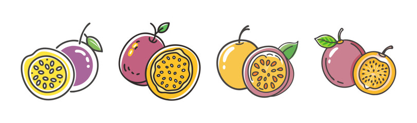 Vibrant passion fruits, whole and halved, showing seeds and pulp, vector art
