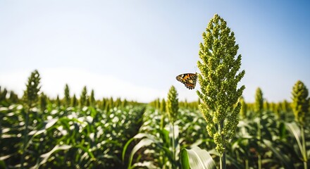 Butterfly on Sorghum Plant in Agricultural Field Under a Clear Sky During the Day