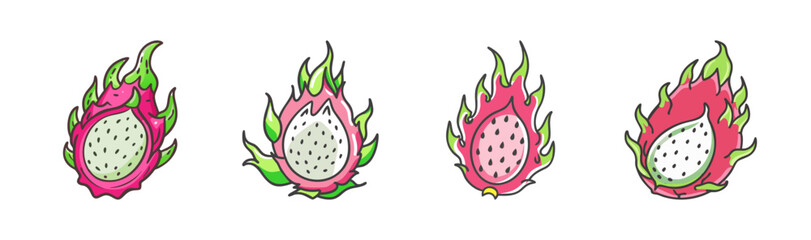 Exotic dragon fruits, pink and white flesh, whole and cut, vibrant colors, vector