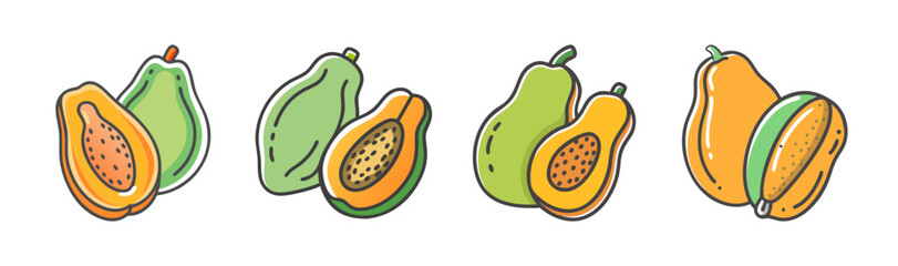 Assortment of cartoon papayas, whole and halved, with green leaves