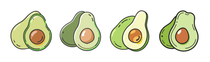 Group of cartoon avocados, whole and halved, on a white background