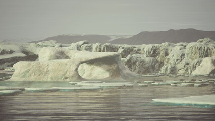 Large icebergs with unique shapes drift serenely in the Arctic waters under a muted sky. This serene landscape showcases natures artistry in a quiet, isolated environment. © icetray
