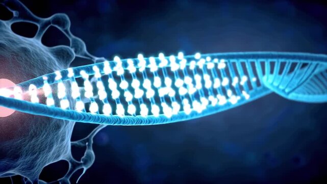 3D animation inside living human cell, DNA double helix replication process, helicase enzyme unwinding DNA, polymerase nucleotides, nucleotides glowing attach, cellular organelles cytoplasm motion