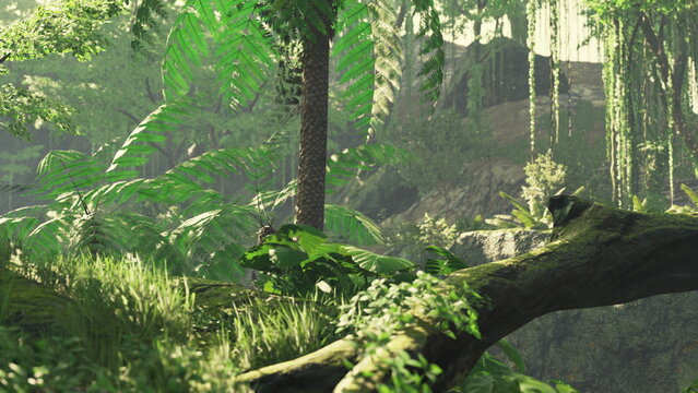 In a dense jungle, sunlight filters through tall trees, illuminating the vibrant ferns and rich foliage. Small creatures scurry among the underbrush, creating a peaceful, natural setting.