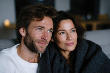 Fototapeta premium A couple relaxes together, radiating affection and joy, while enjoying a moment of closeness and sharing smiles, embodying love in a tranquil and modern living space.
