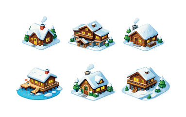 Snowy Cabin Collection. Snow Cottages and Lodges. Isometric flat vector icons set of Snow Cottages and Lodges: Nordic snow cabin, mountain guest lodge, winter