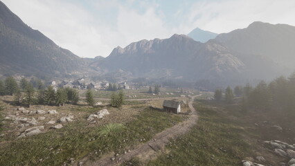 A tranquil village surrounded by towering mountains and lush greenery. A winding path leads through the serene landscape, inviting exploration and adventure.
