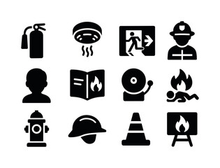 Fire Safety Icons Grid. Fire safety education for children. Solid icon set of Fire safety education for children: fire extinguisher, smoke detector, emergency