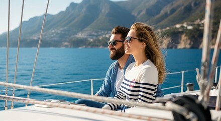 Obraz premium Happy young couple enjoying a romantic sailing trip on a luxury yacht with beautiful mountain views.