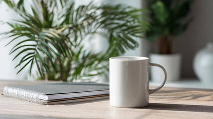 Desk mug mockup with notebook and plant, minimal workspace