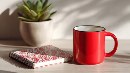 Desk red mug mockup with notebook and plant  minimal workspace