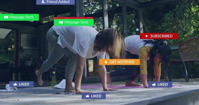 Mother and daughter stepping onto mats, folding and causing social media icons showing overload
