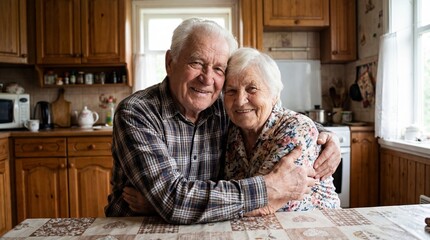 Loving elderly couple embracing in cozy kitchen together