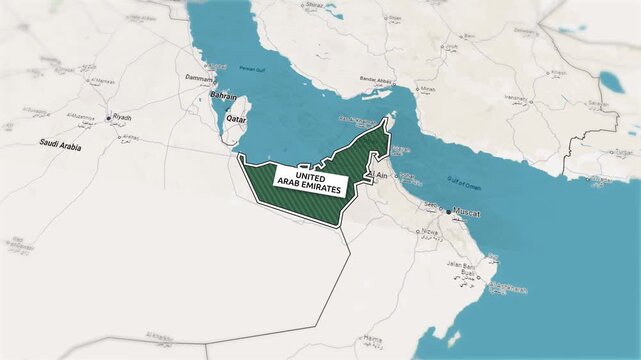 Borders of the state of United Arab Emirates on the map. Country United Arab Emirates on the map is highlighted by a polygonal border. From above zooming in with panoramic view