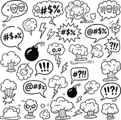 Comic Swear Speech Bubbles and Explosions Vector Set, Hand Drawn Cartoon Bomb and Anger Doodle Graphics, Monochrome Comic Explosion Sound Effects and Skull Art © Fariha