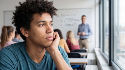 Thoughtful student sitting in classroom looking out window