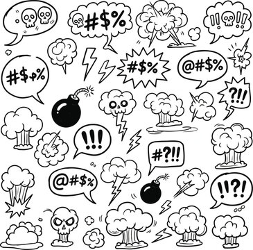 Comic Swear Speech Bubbles and Explosions Vector Set, Hand Drawn Cartoon Bomb and Anger Doodle Graphics, Monochrome Comic Explosion Sound Effects and Skull Art