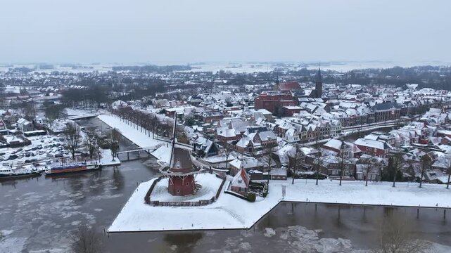 Panoramic winter view of a historic Dutch town