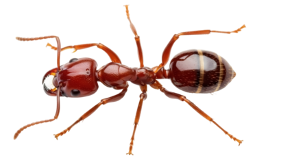 Isolated ant with sharp mandibles on display, facing forward with legs spread wide