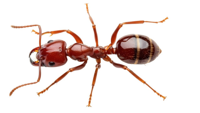 Isolated ant with sharp mandibles on display, facing forward with legs spread wide