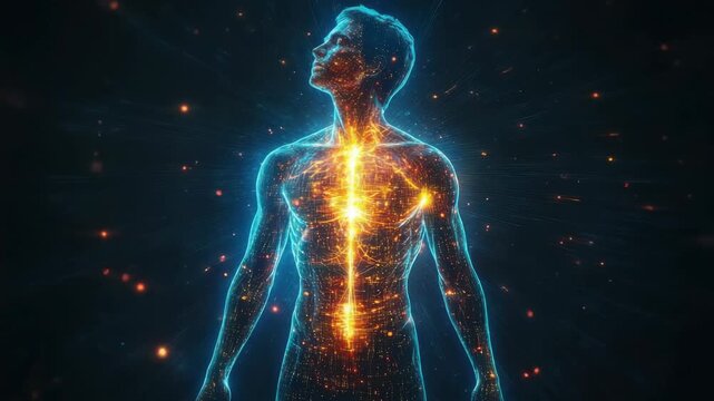 Human anatomy shows glowing energy pathways in virtual form and digital art