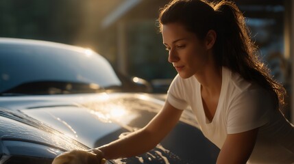 A realistic workday moment captures a car cleaner rinsing and scrubbing vehicle surfaces, supporting cleanliness, maintenance standards, and auto care services. cinematic color correction, natural
