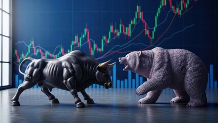 Sculpted bull and bear confront each other amidst a dynamic stock market graph symbolizing financial trends and economic battles