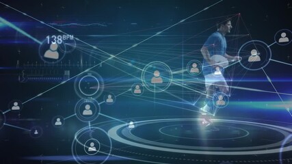 Animation of diverse data and network of connections over caucasian male rugby player