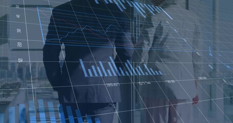 Animation of financial data processing over diverse business people in office - Powered by Adobe