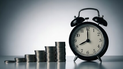 Stacked coins next to a black alarm clock illustrate the interplay of time and money in financial planning