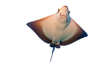 Isolated stingray swims in aquarium, gliding gracefully, a captivating underwater scene