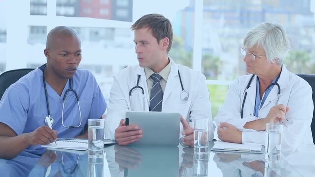 Animation of red pattern over caucasian male doctor using tablet