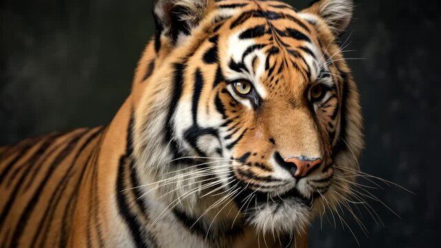 Close-up video shot of a tiger staring intently at the camera, highlighting its striking eyes and fur pattern against a dark background. Live desktop wallpaper.