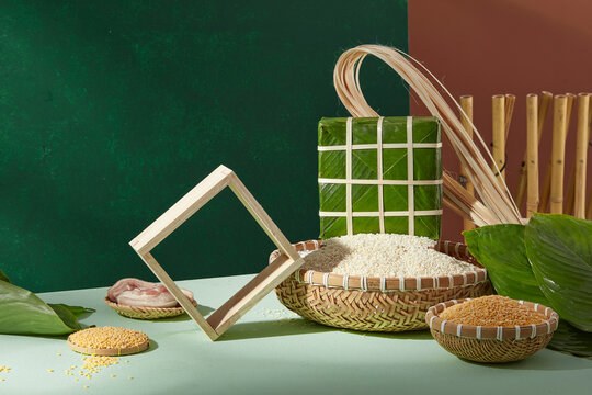 Banh chung with woven bamboo textures and raw ingredients. Useful for Tet packaging concepts, cultural editorials and food branding visuals