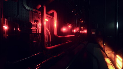 In a dimly lit corridor, glowing red pipes intertwine against a dark background, casting an eerie...