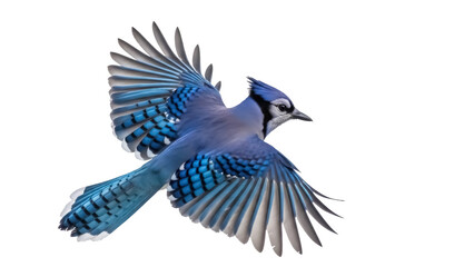 Isolated Blue Jay in flight displaying wings plumage in detail, bird in motion with full span © Andrei
