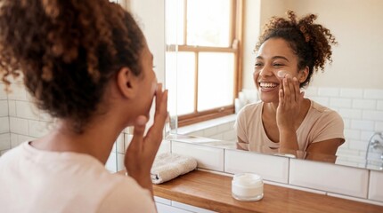 Happy woman applying skincare cream in modern bathroom