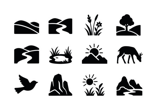 Lush Valley Icons. Lush Valley. Solid icon set of Lush Valley: rolling hills, river bend, tall grass, wildflowers, valley trees, winding path, small pond,