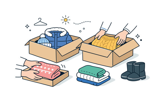 Winter Clothes Decluttering. Packing winter clothes illustration. Hands placing warm sweaters and coats into boxes, showing decluttering and preparation for